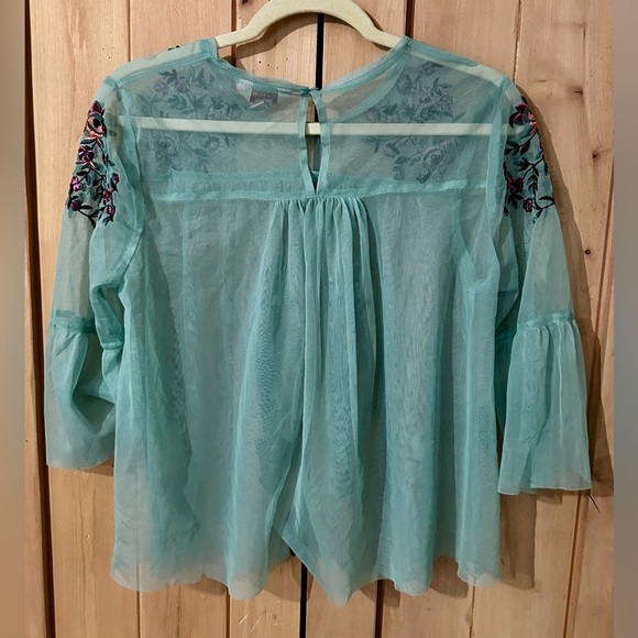 EUC The Original Arizona Jean Company Mint Green Embroidered Sheer Pullover Top - Picture 5 of 5